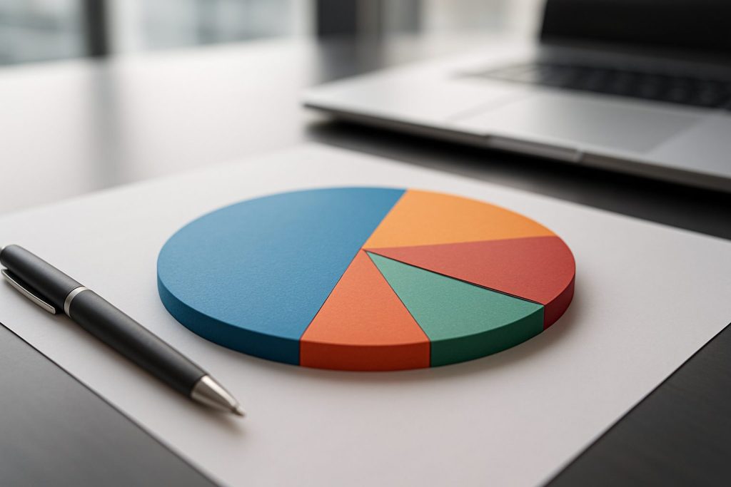 A colorful pie chart made of paper placed next to a black pen on a white sheet of paper, with a laptop in the background