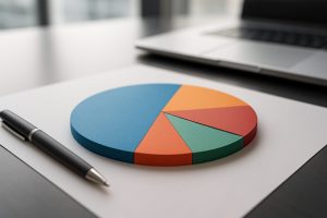 A colorful pie chart made of paper placed next to a black pen on a white sheet of paper, with a laptop in the background