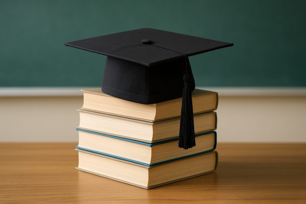 A graduation cap placed on top of stacked books with a chalkboard in the background