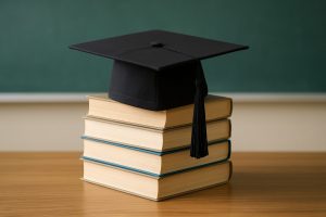 A graduation cap placed on top of stacked books with a chalkboard in the background